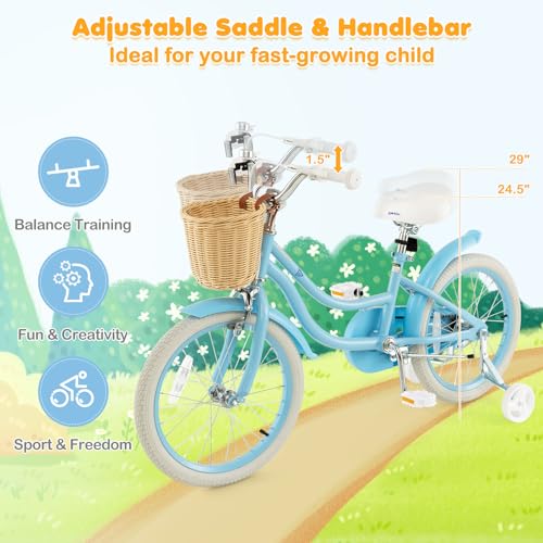 BABY JOY Kids Bike, 14 16 18 Inch Kids Bicycles for 3-8 Years Old Children with Training Wheels, Adjustable Height, Handbrake & Coaster Brake, Boys Girls Bike (Pink, Green, Blue)