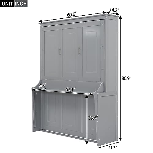 Murphy Bed Queen Bed Frame with Storage Shelves and LED Lights Folding Wall Bed with Wood Slats Queen Size Murphy Bed Cabinet Bed, Space Saving, White