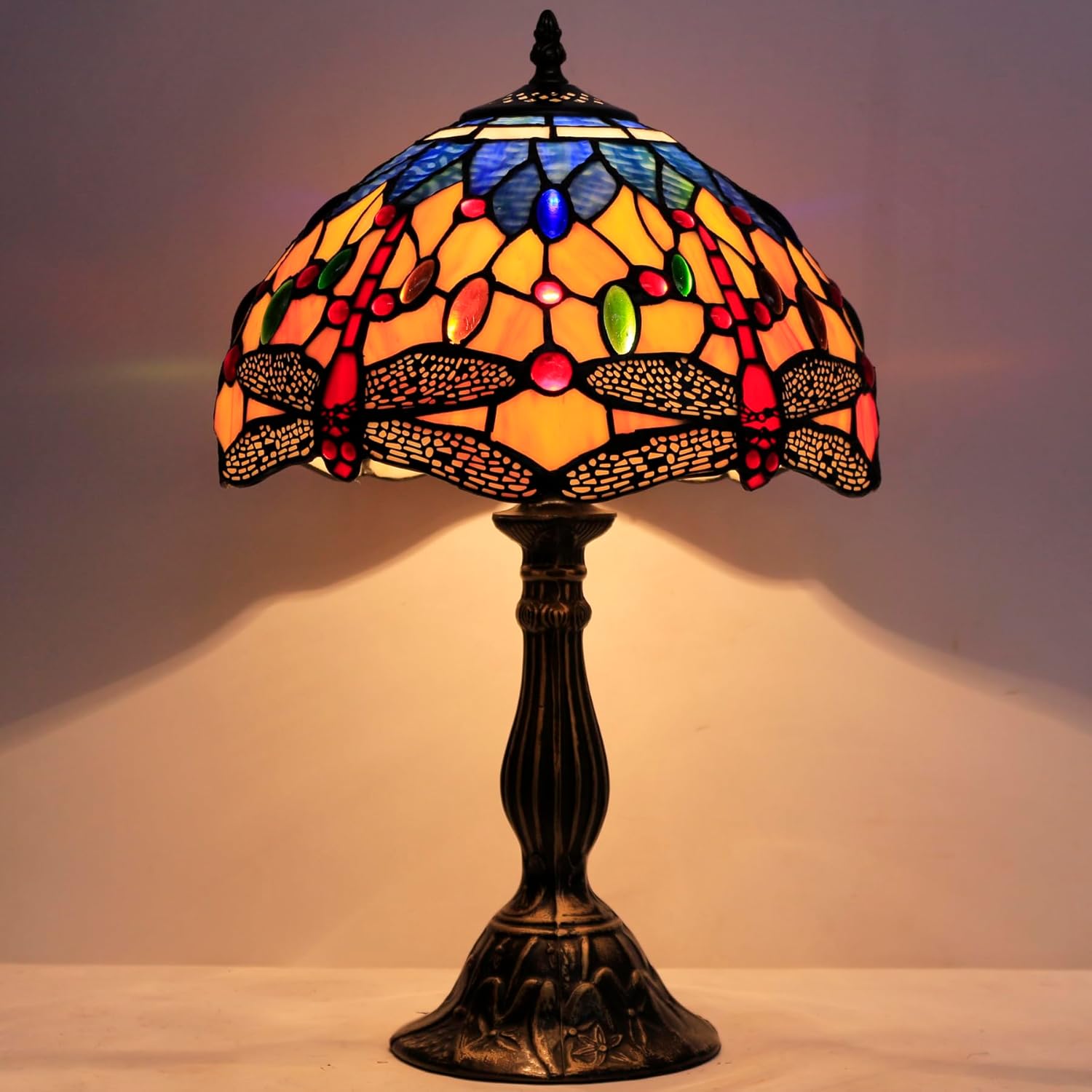 WERFACTORY Tiffany Lamp Stained Glass Bedside Table Lamp Orange Blue Dragonfly Style Reading Desk Light 12X12X18 Inches Decor Bedroom Living Room Home Office S168 Series