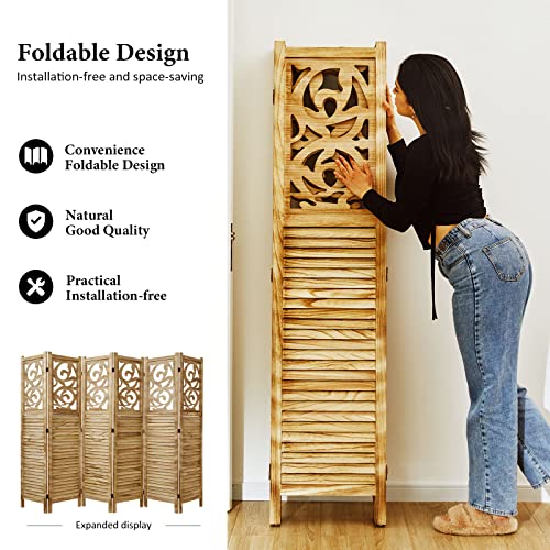 Room Divider Wood Carved Wall Divider Indoor Folding Portable Partition Screen for Home Office Garden Terrace - 6 Panel, 67 * 90inch (Dark Brown)