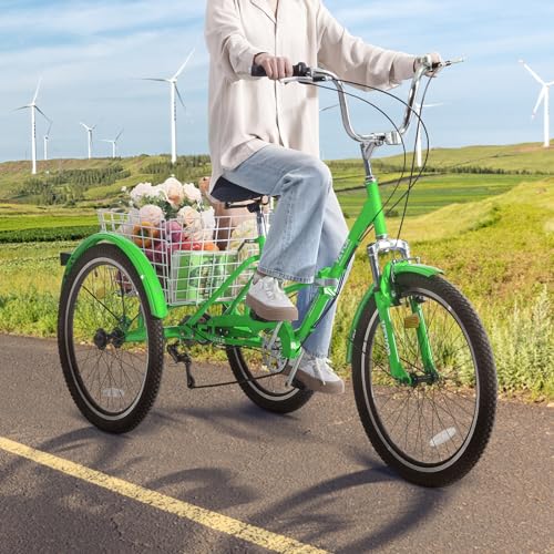VEVOR Folding Adult Tricycle, 24-Inch Adult Folding Trikes, Carbon Steel 3 Wheel Cruiser Bike with Large Basket & Adjustable Seat, Shopping Picnic Foldable Tricycles for Women, Men, Seniors (Green)