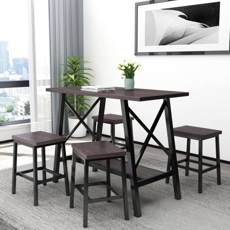 5-Piece Counter Height Dining Table Furniture Set for Kitchen, Bar, Bonus Room w/ 4 Backless Stools, Compact, Space-Saving Desig