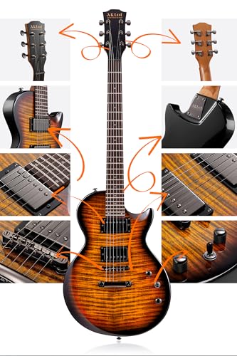 AKLOT Muti-Tone Electric Guitar with Coil-Split: Roasted Maple Neck, Flame Maple Graphic Top, Dual Humbuckers Pickups, Beginner Guitar Kit with Gig Bag, Lesson Book, Strap, Picks, Violet Venom