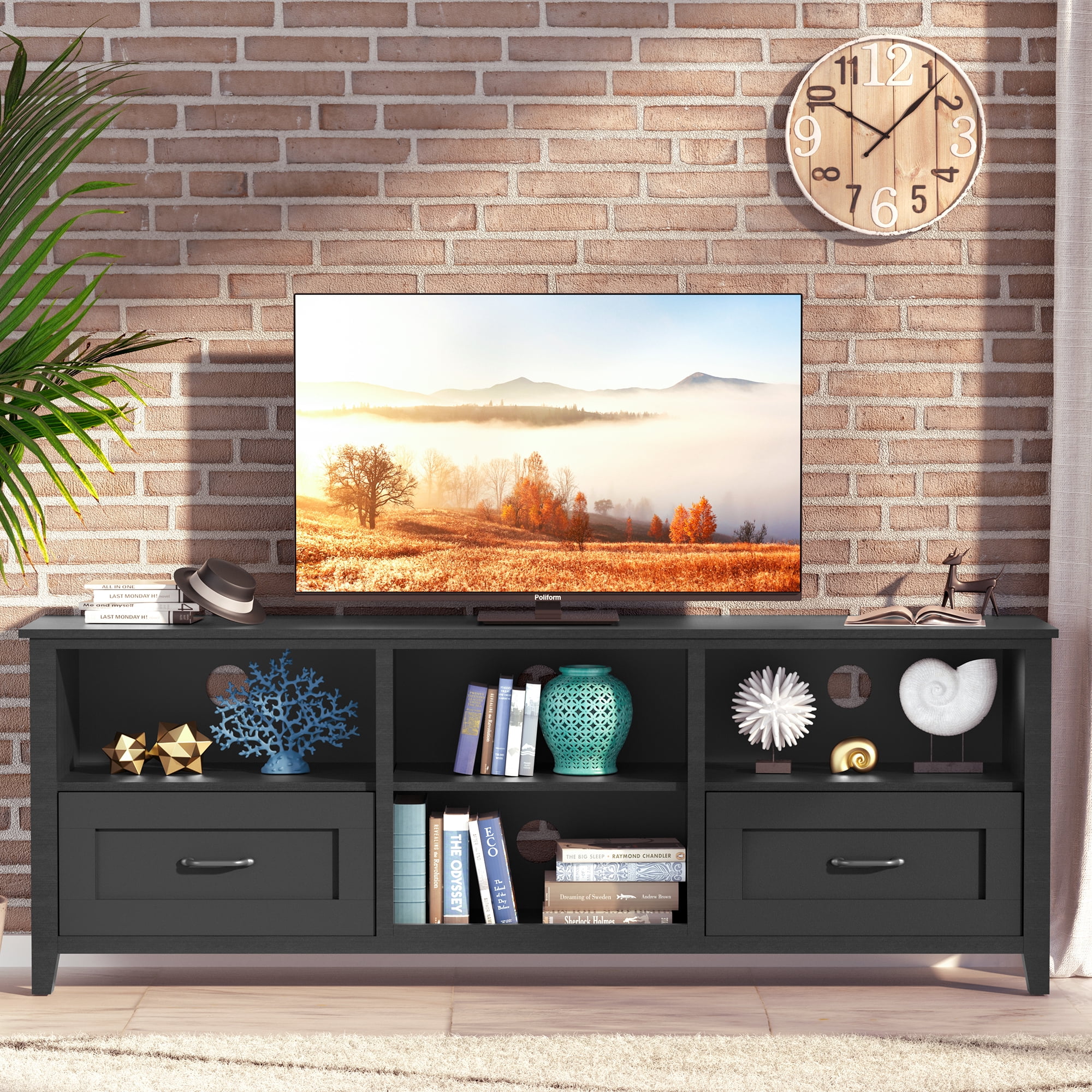 SYNGAR Industrial TV Stand for TV up to 70 inches, Wood TV Console Table Stand with 2 Storage Drawers and 4 Open Compartments, Home Living Room Entertainment Center, Black, 70"L x 15"W x 25"H