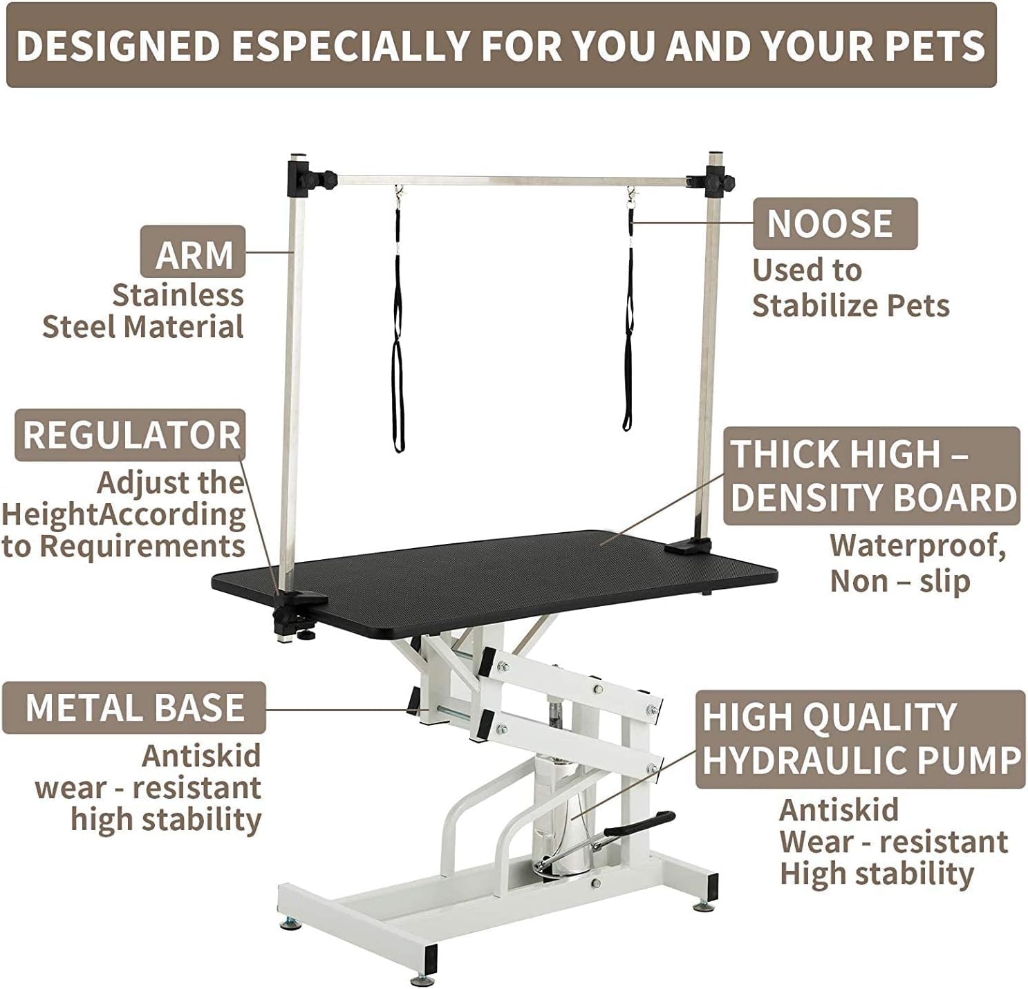 Hydraulic Dog Grooming Table for Small/Large Dogs, Heavy Duty Professional Pet Grooming Table with Adjustable Overhead Arm and Noose, Range 21-36 Inch, 43''/Black