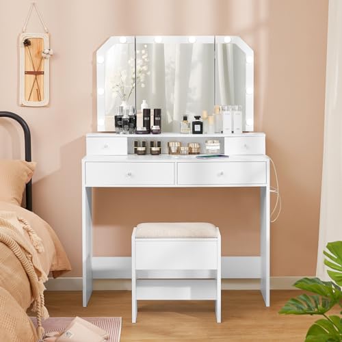 Quimoo Vanity Desk Set with LED Tri-Fold Lighted Mirror & Power Outlet, Makeup Vanity Table with 4 Drawers, Cushioned Stool, for Bedroom, Bathroom, White
