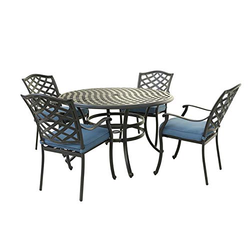 Florence Stylish Outdoor Aluminum 5-Piece Round Dining Set: Weather-Resistant, Durable, Lightweight, Modern Design Patio Furniture Set with 4 Armchairs and Round Table (Espresso brown, Light blue)