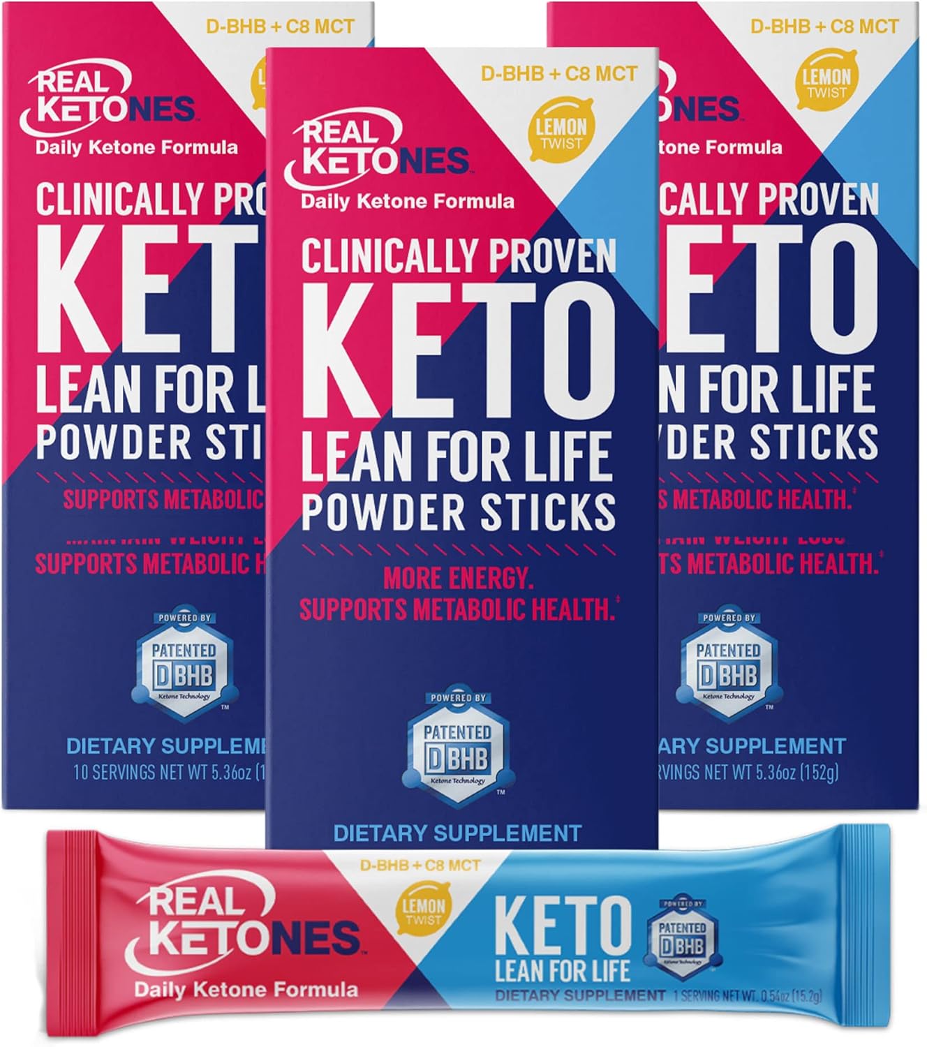 Real Ketones Exogenous Keto D BHB + MCT + Electrolytes, Caffeine Free Drink Mix Powder, 30 Packets, Lemon Twist for Rapid Ketosis