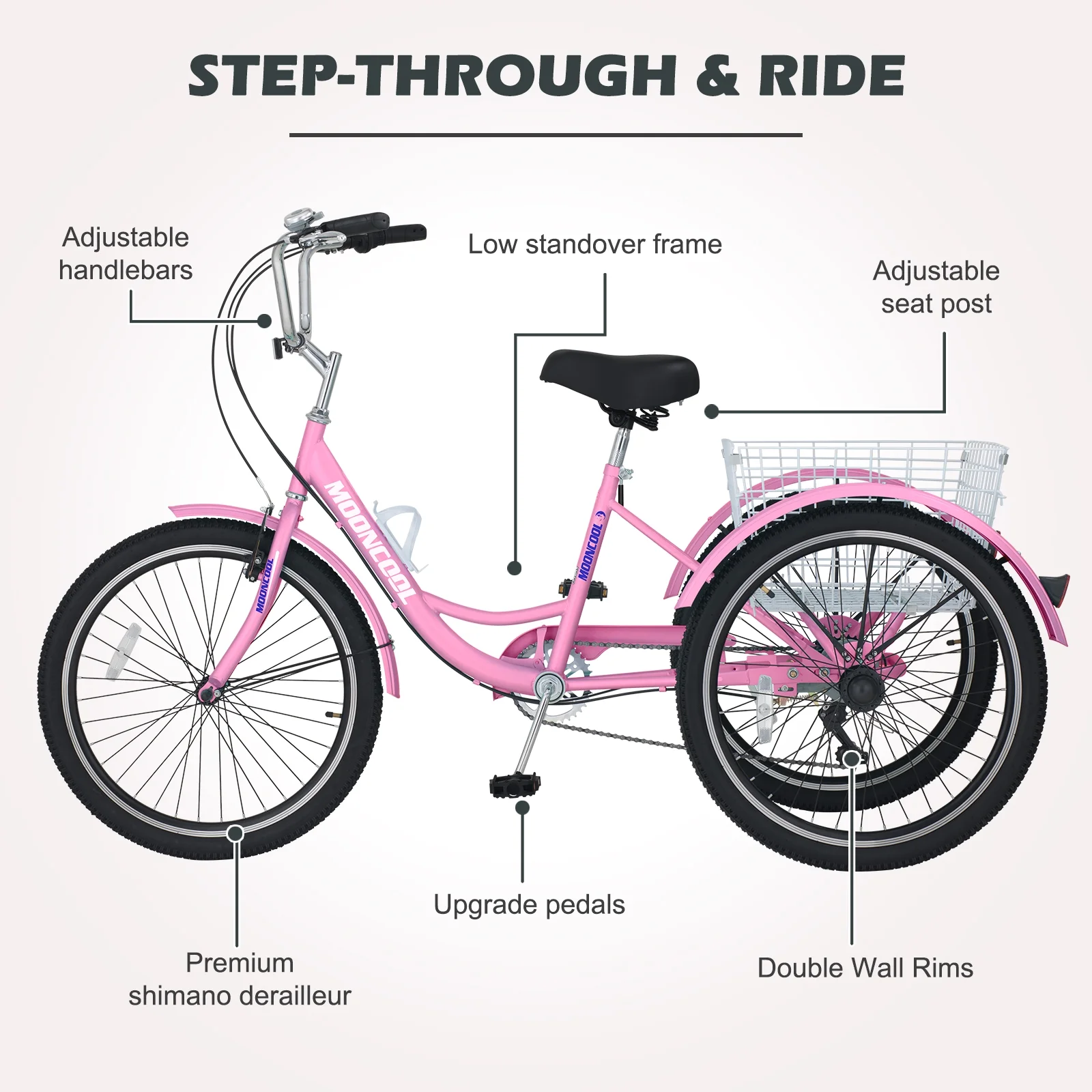 Lilypelle Tricycles for Adults with Big Basket,20" wheels 7 Speed Colorful Trike,Pink