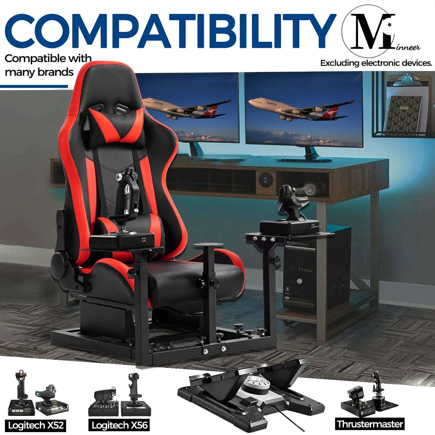 Minneer Flight Simulator Cockpit with Red Seat Fit for Logitech X52/X52pro/X56,Thrustermaster Hotas Warthog Compatible with Xbox One PS4 PC Platforms