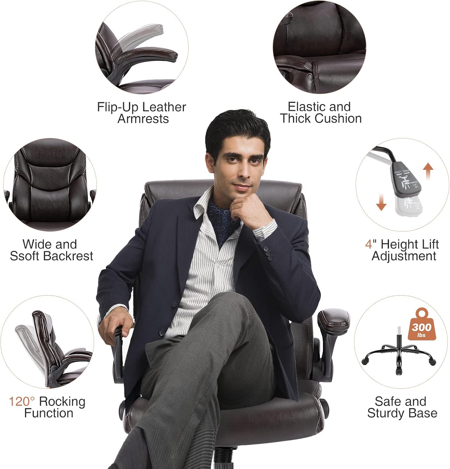Executive PU Leather High Back Flip-Up Armrest Adjustable Ergonomic Home Office Desk Chair, Brown