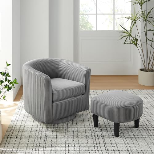 Swivel Accent Chair with Ottoman, Comfy Corduroy Barrel Chair, 360°Swivel Round Arm Chair, Reading Armchair with Footstool Set, Modern Club Sofa Chair for Bedroom, Living Room, Lounge, Office, Grey