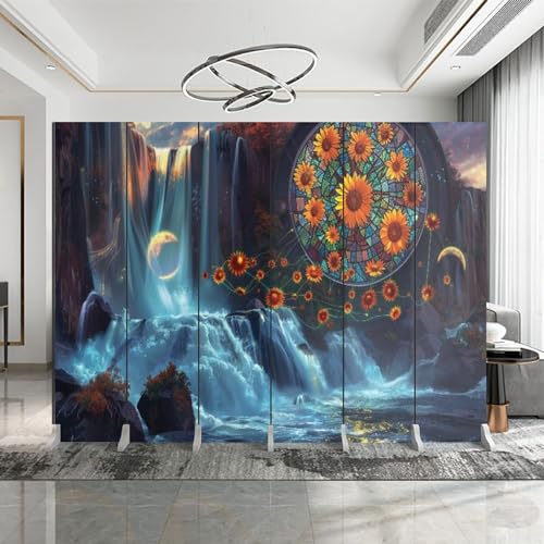 6 Panels Screen Room Divider Vibrant Stained Glass Sunflowers Ancient Stone Abbey Canvas Screen Indoor Folding Separator Freestanding Protective Wall Divider Privacy Partition