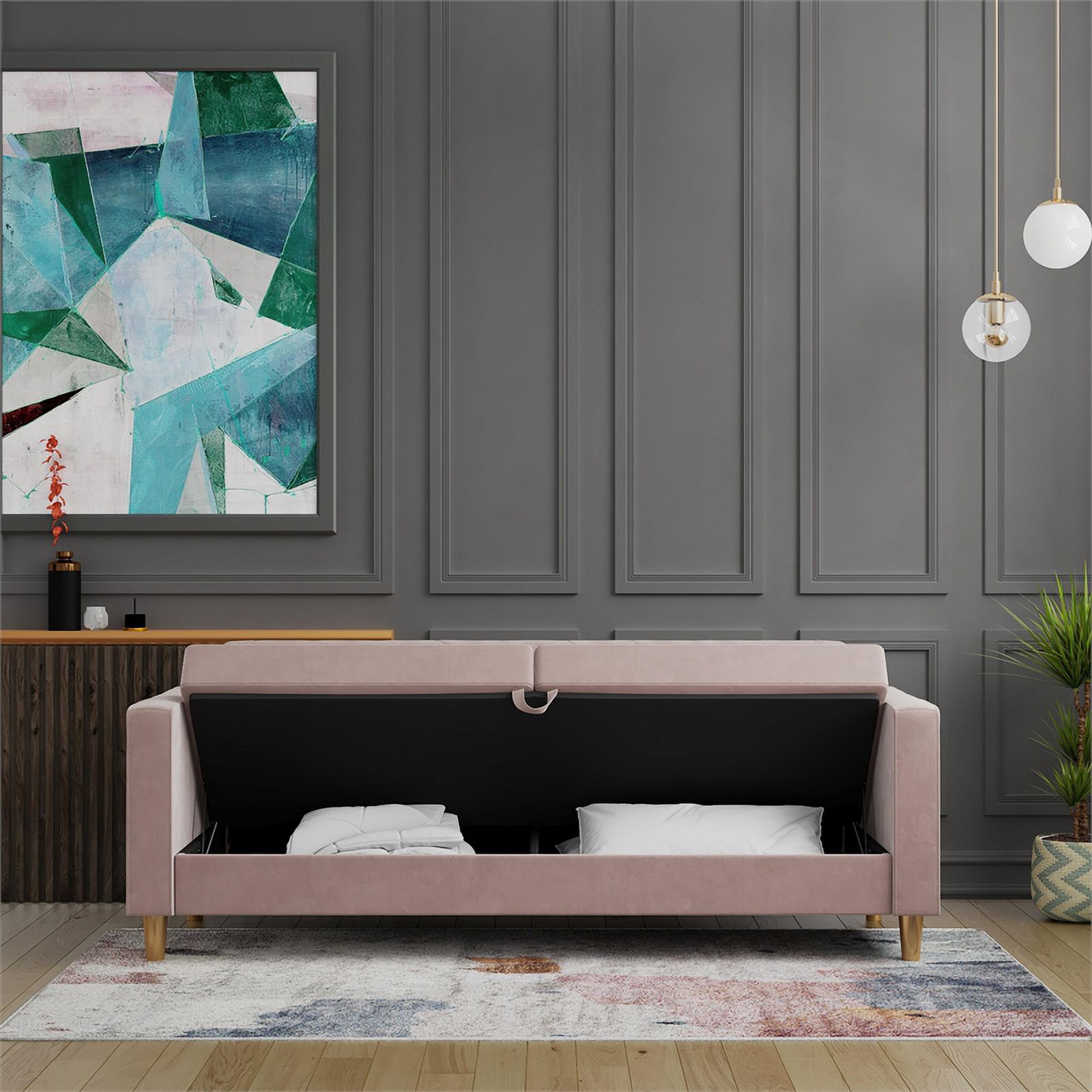 Pemberly Row Contemporary Futon with Storage in Blush Velvet