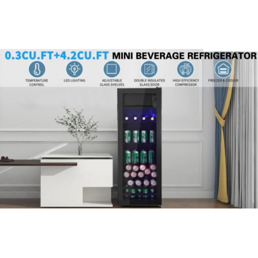 4.5Cu.ft mini fridge, 0.3Cu.ft freezer, up to 94 cans of soda, beer or wine. Silent, high-efficiency and energy-saving compressor, LED lighting, 16.10"×15.70"×43.10", home, RV, apartment, office, etc.