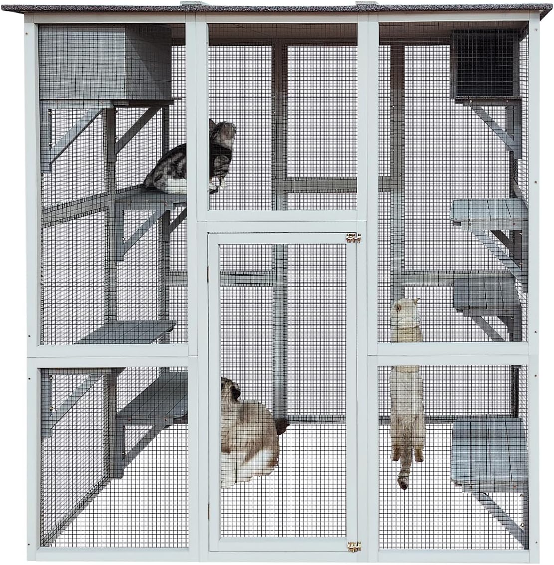 3-Tier Wooden Outdoor & Indoor Cat House Suitable for 1-3 Cats Cat Enclosure Resting Box with 4 Platforms and 2 doors Cat Shelter House with a Jump Box for Hiding and Resting Cat Cage 71"H-Gray