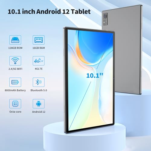 Android Tablet 10 inch, 16GB RAM 128GB ROM, 1TB Expand, Android 12 Tablet with Octa-Core, 5G WiFi, 4G/LTE, 8000mAh Battery, Bluetooth5.0, GMS Certified, FHD Screen, GPS(Black)