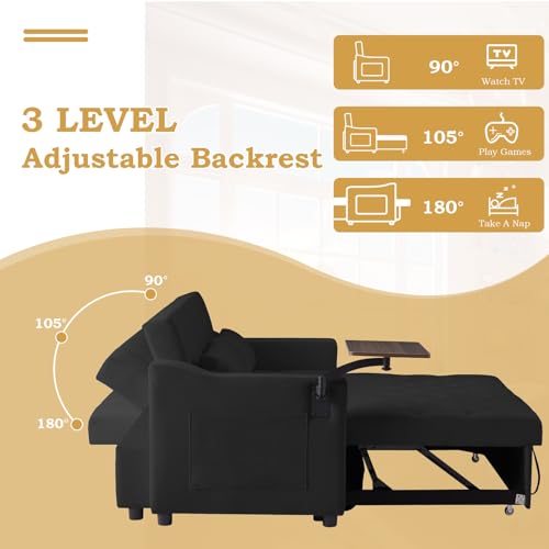 3 in 1 Convertible Sleeper Sofa Couch with Pull Out Bed,53" Velvet Futon Tufted Loveseat with Table&Reclining Back,Comfy 2 Seater Lounge Sofa for RV,Living Room,Bedroom,Small Space(Grey)