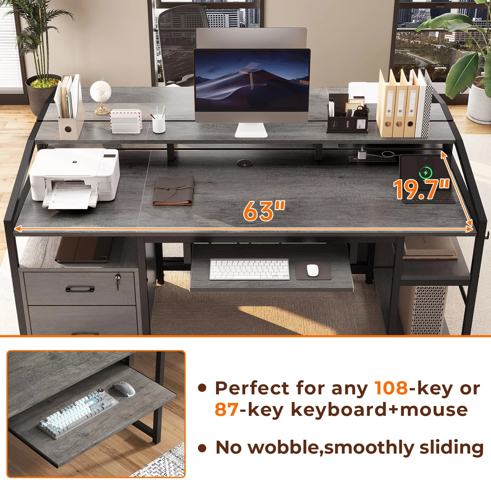 SEDETA 63" Computer Desk, Office Desk with Lock Drawers for Legal/Letter File, Gaming Desk with LED Light and Power Outlet, Gray