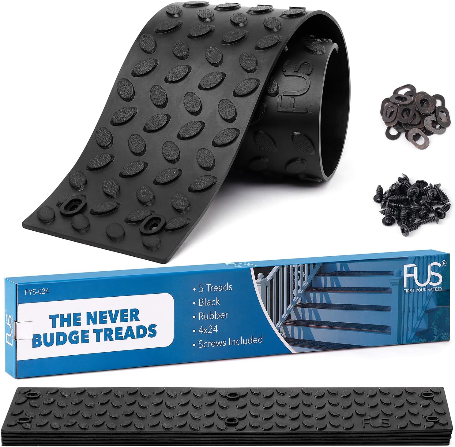 Outdoor Rubber Stair Treads - 4x24-inch Textured Non-Slip Mats for Staircase - Heavy Duty Anti Skid Strips for Outside Use - 5 Black Rubber Treads per Box with Screws and Washers Included