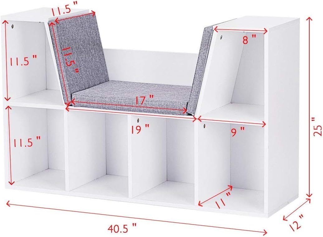 6-Cubby Kid Storage Bookcase Cushioned Reading Nook Versatile Bench Design Ample Storage Space