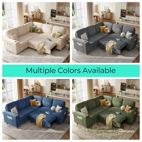 LINSY HOME Sectional Sleeper Sofa with Pull Out Couch Bed Convertible Plush Corduroy Cloud Couch with Storage Chaise & USB Charging, Comfy L Shaped Modular Couches for Living Room Apartment (Grey)