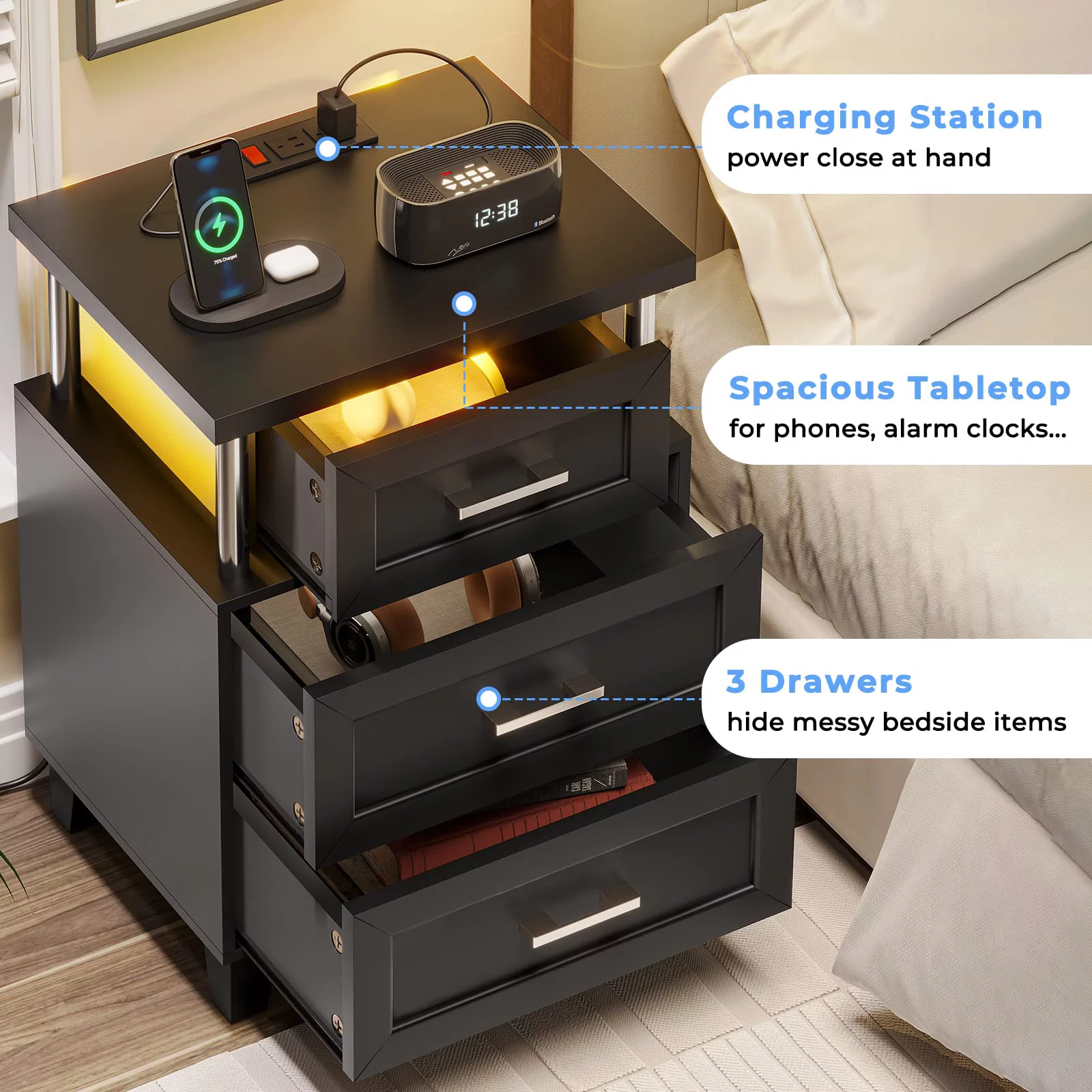 LED Nightstand Set of 2 with Charging Station, Modern End Side Table with 3 Drawer, Black