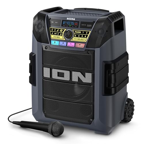 ION Block Rocker - Portable Bluetooth Outdoor Party Speaker with Karaoke Microphone, Battery, 4 Speakers, Radio, USB Port, App, Water-Resistant, 120W