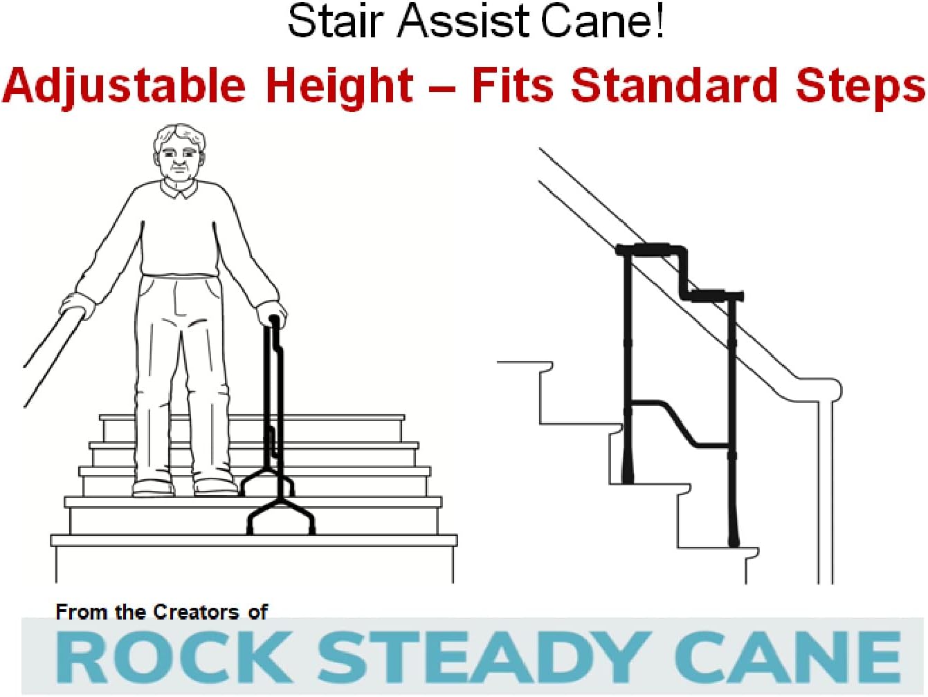 Rock Steady Cane – New Stair Climbing Assist Cane Lets You Walk Up and Down Stairs Easily with Less Pain. Perfect Step Helper for Those with Sore Hips and Knees