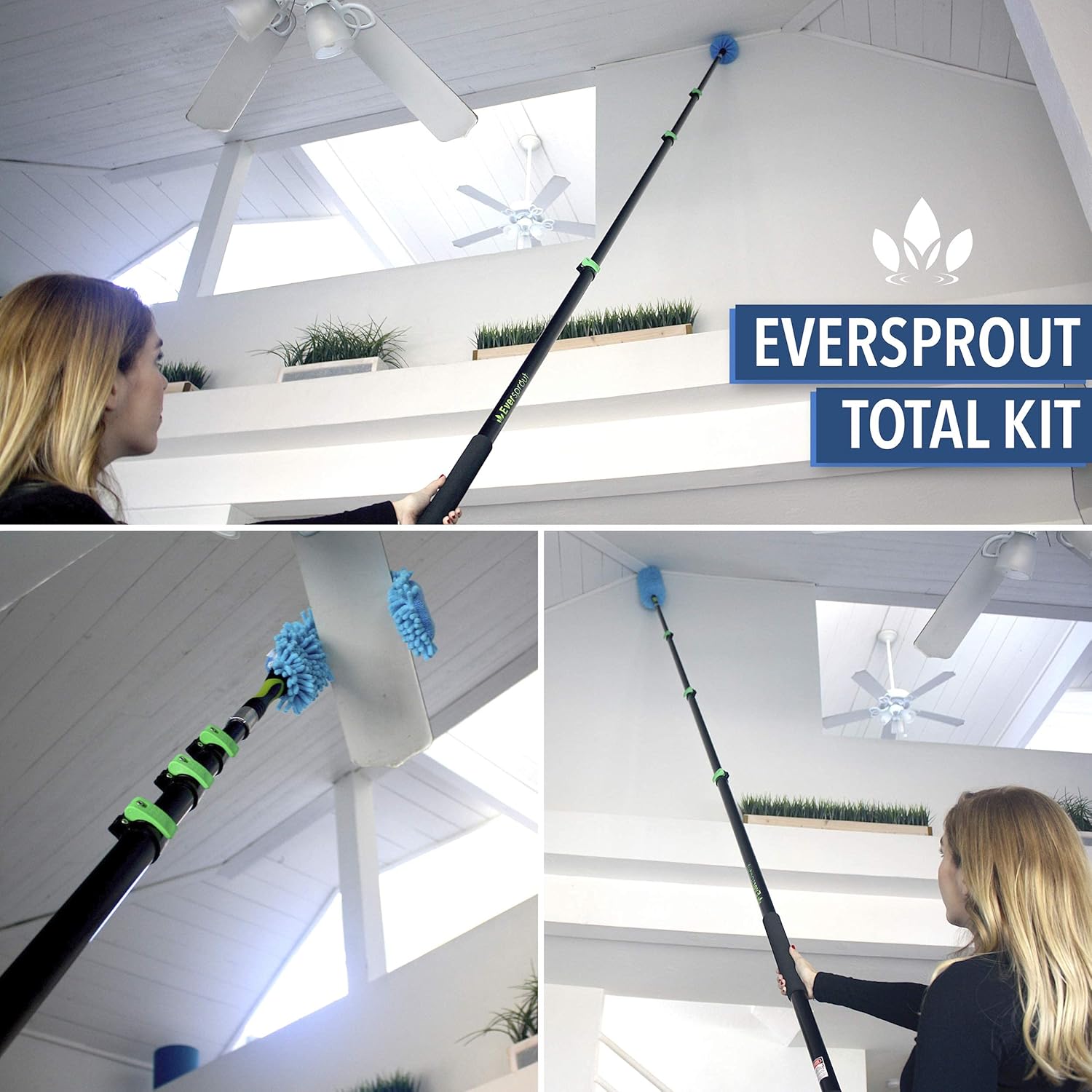 EVERSPROUT 7-to-20 Foot Extension Pole Total Kit (25+ Ft Reach) | Telescopic Pole, Scrub Brush, Light Bulb Changer, Hook, Swivel Squeegee, 3x Microfiber Dusters (Cobweb, Flexible Ceiling Fan, Feather)