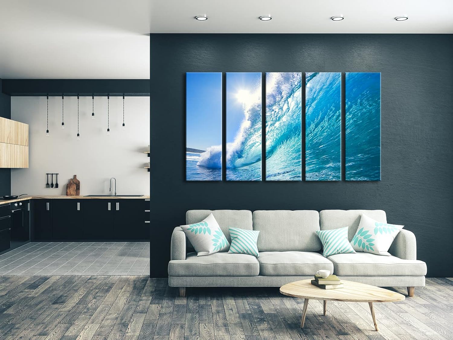 Wieco Art Sea Waves Large 5 Piece Modern Framed Giclee Canvas Prints Seascape Artwork Ocean Beach Pictures Paintings on Canvas Wall Art Ready to Hang for Living Room Bedroom Home Office Decorations