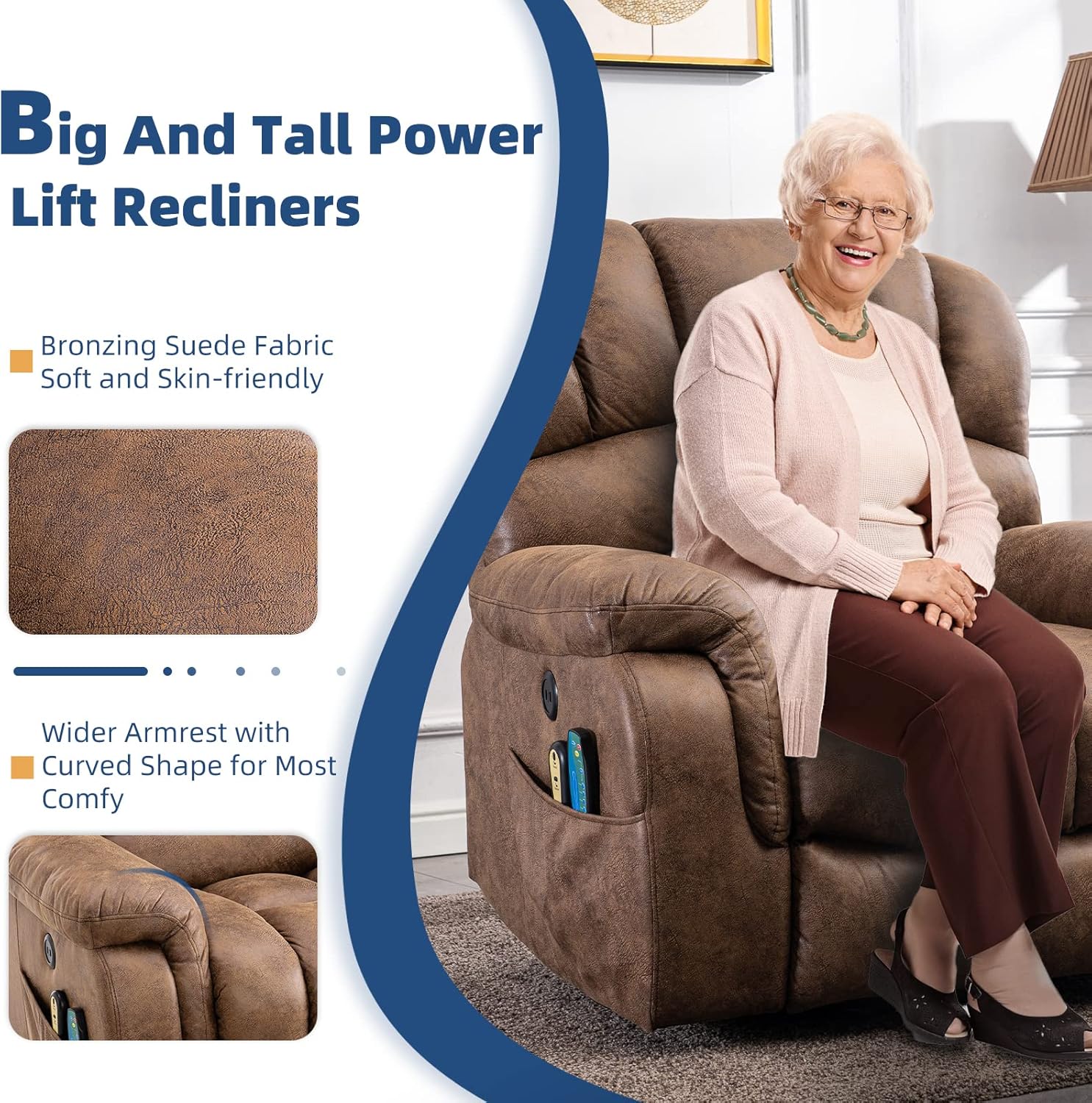 Large Electric Power Lift Recliner Chair for Elderly Big People, Heated Massage Motorized Reclining Sofa, Wide Recliners with 2 Remote Controls, Side Pockets & USB Ports, Brown