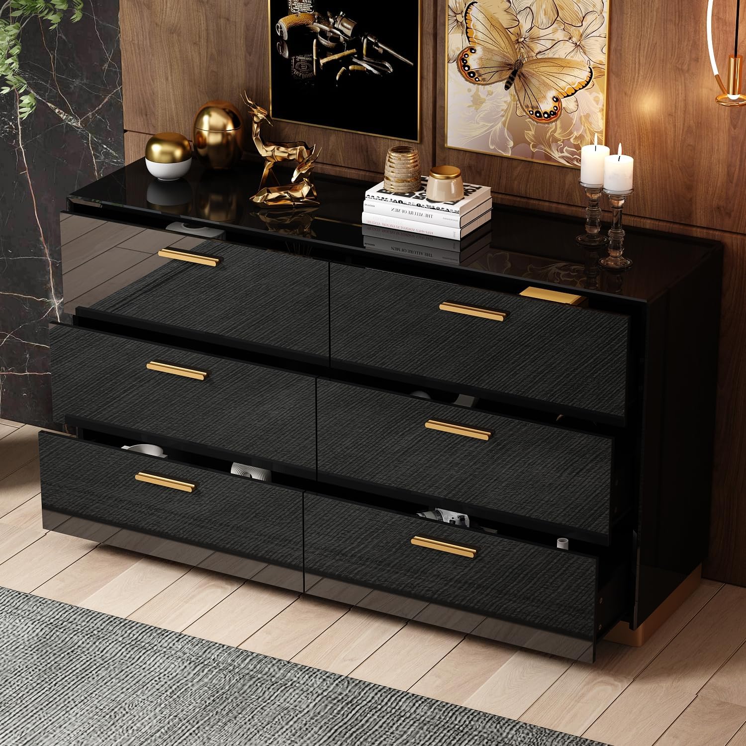 MOUMON High Gloss 6 Drawer Dresser, Modern Contemporary Chest of Drawers with Glossy Finish, Double Dresser with 6 Drawers, Champagne Gold Handles, 15.7”D x 55.1”W x 31.5”H, Black
