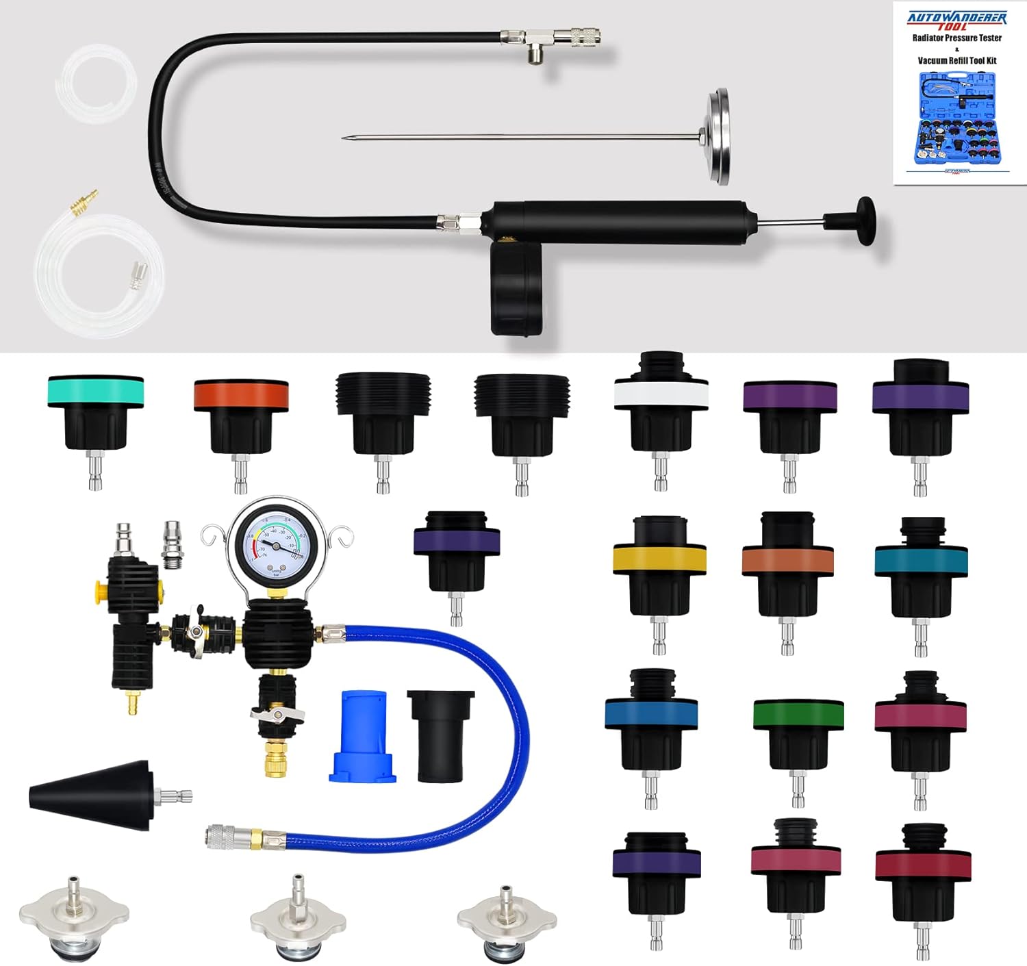 AutoWanderer Tool Radiator Pressure Tester Vacuum Refill Tool Kit - 28PCS Coolant System Leak Tester and Pneumatic Purge Fill Set with Adapter Refill for Vehicle
