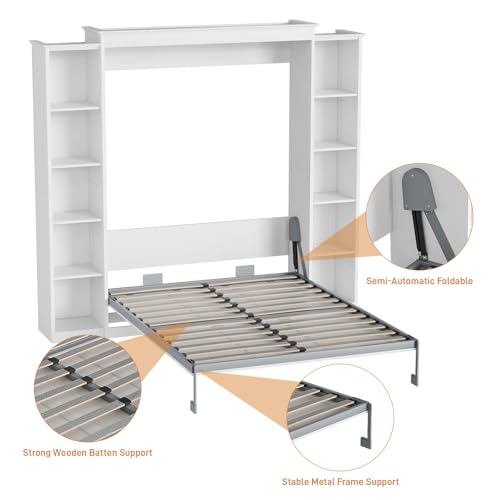 Queen Murphy Bed with Storage Bookcase & 4 Adjustable Shelves, Foldable Space-Saving Queen Wood Wall Bedframe with Metal Legs, Hidden Bedframe for Guest Room, Study, Home Office, Bedroom, Gray