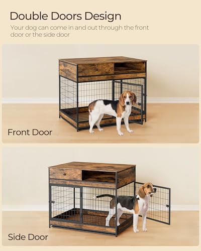 Dog Crate Furniture, 31.5 Inch Dog Kennel with Storage Drawer, Double Doors Heavy Duty Dog Cage with Removable Tray, Indoor Wooden Pet Crate for Small Medium Dogs, Rustic Brown