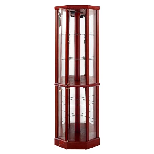 Lighted Corner Display Curio Cabinet Wooden Curved Shelving Unit with Tempered Glass Door, Bar and Liquor Storage Area with 6 Shelves - Mirror Back (Walnut)