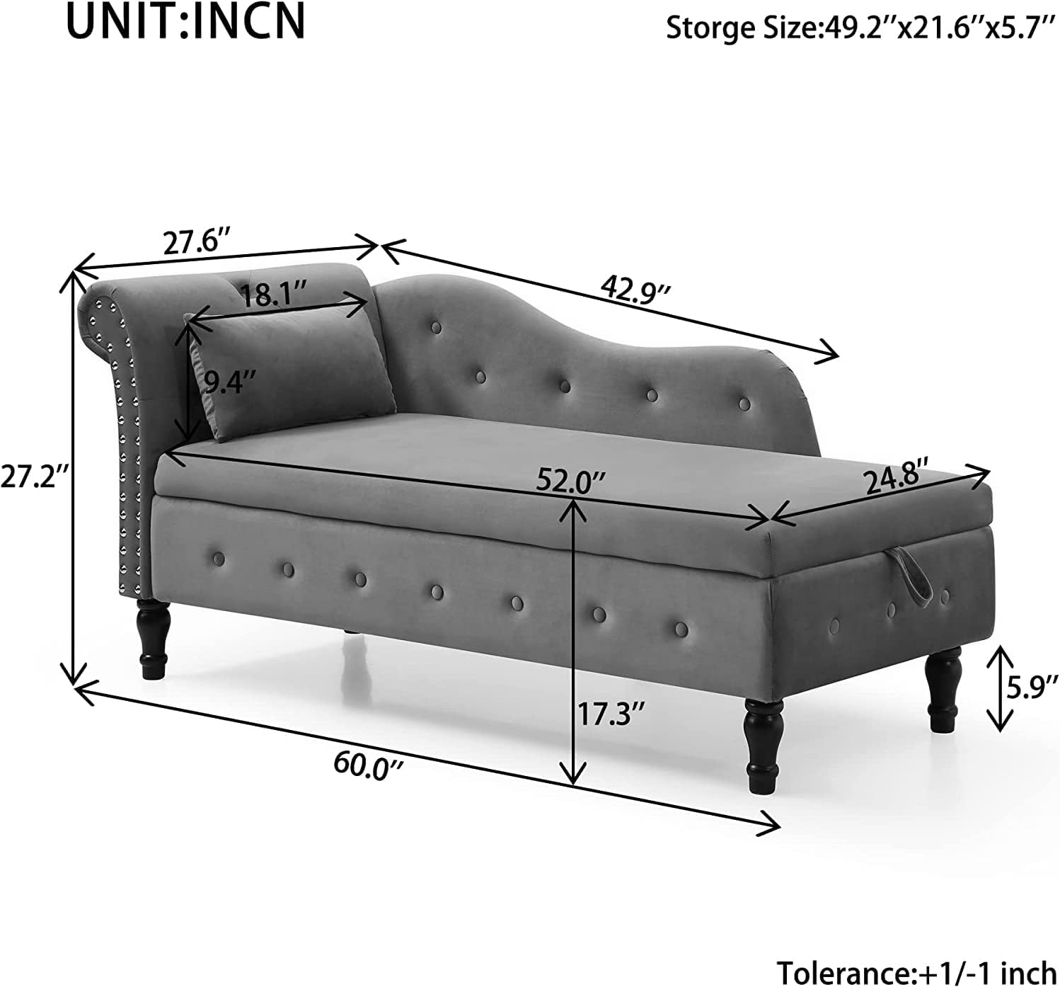 Bellemave Velvet Chaise Lounge Chair with Storage, Upholstered Sleeper Sofa Bed with 1 Pillow, Buttons Tufted Multifunctional Lounge Indoor, for Living Room Bedroom Office, Gray, Gray Velvet