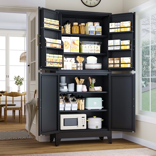 75.2" Tall Metal Pantry Cabinet, Storage Cabinets with 4 Door and 4 Adjustable Shelves, Black Kitchen Pantry Storage Cabinet, Freestanding Cupboard for Kitchen Dining Room Living Room Bathroom