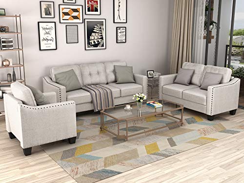 Knocbel Stylish 3-Piece Sofa Set Living Room Set with Tufted Cushions, Velvety Soft Linen Blend Fabric and Brass Nail Head Trip, Including 3-Seat Sofa, Loveseat and Accent Chair, Gray