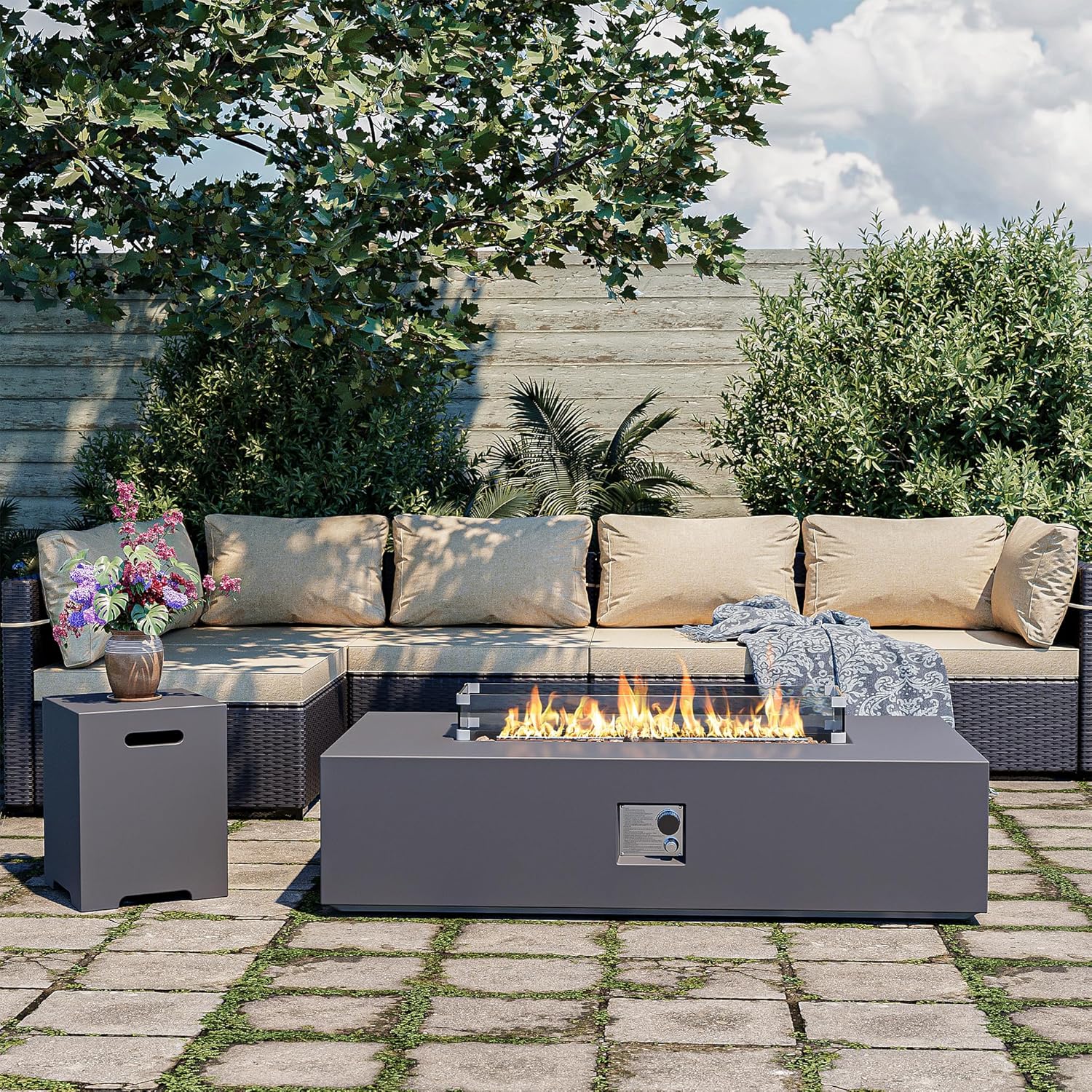 56-inch Outdoor Propane Gas Fire Pit Table 50000 BTU Iron Rectangle Fire pit for Outside Patio with Propane Tank Cover, Wind Guard, Removable Lid, Lava Rocks, Rain Cover, Grey