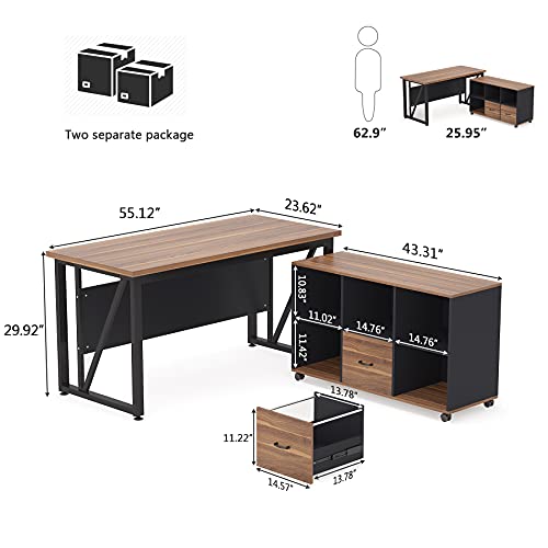 Tribesigns 63 inches Executive Desk and 47" lateral File Cabinet, L-Shaped Computer Desk Home Office Furniture Set with Drawers and Storage Shelves, Office Table with Cabinet (walnut+White, 63)
