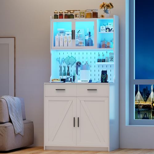 LED Kitchen Pantry Cabinet with Outlets, Farmhouse Storage Cabinet with Drawers & Adjustable Shelves, 64" Cupboard with Pegboard and Hooks for Dining Room (White)