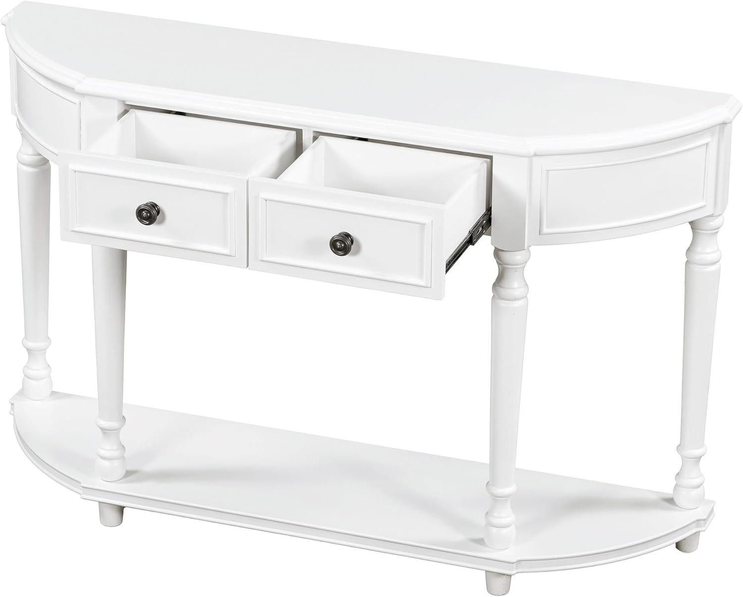 Storage Cabinet Retro Circular Curved Console Open Shelf and 2 Top Drawers, Half Moon Entry Solid Wooden Frame and Legs,Wood Sofa Tables, for Hallway, Living Room, White