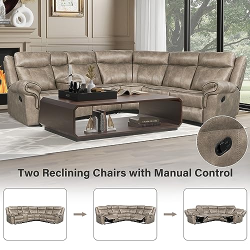 Manual Set, Premium L-Shaped Faux Leather Recliner Corner Sectional Couch with Console & Cup Holders for Living Room Sofas para Sala, A-Black aa