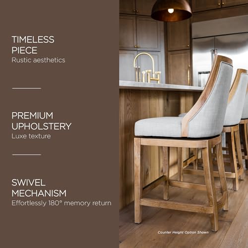 Maven Lane Vienna 26 Inch Tall Counter Height Rotating High Back Barstool in Weathered Oak Finish with Sand Color Fabric Upholstered Seat, Set of 2