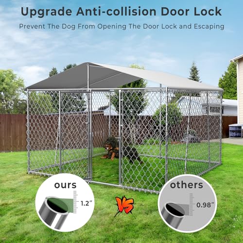 Upgraded 10×10×7FT Outdoor Dog Kennel with Roof, Large Dog House Pen Enclosure with Sidebar, Heavy Duty Chain Link Dog Kennel with Lock for Outside Backyard