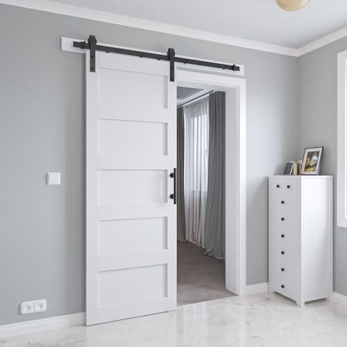34in x 84in Sliding Barn Door with 6ft Barn Door Hardware Kit & Handle, Pre-Drilled Holes Easy Assembly -Solid Barn Door Slab Covered with Water-Proof PVC Surface, White, 5 Panel