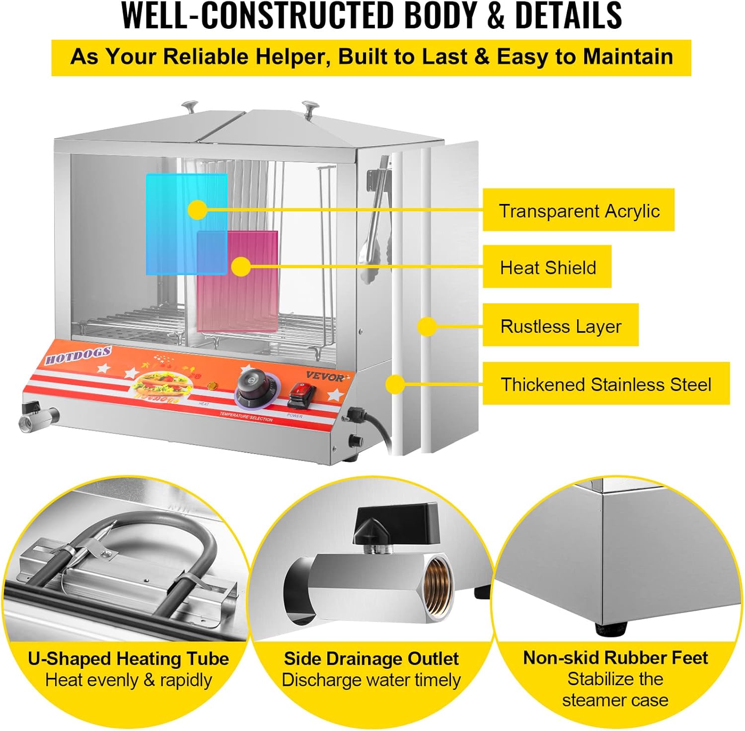 VEVOR Hot Dog Steamer, 36L/32.69Qt, Top Load Hut Steamer for 100 Hot Dogs & 48 Buns, Electric Bun Warmer Cooker with Acrylic Windows Partition Plate Shelves Food Clip PTFE Tape, Stainless Steel