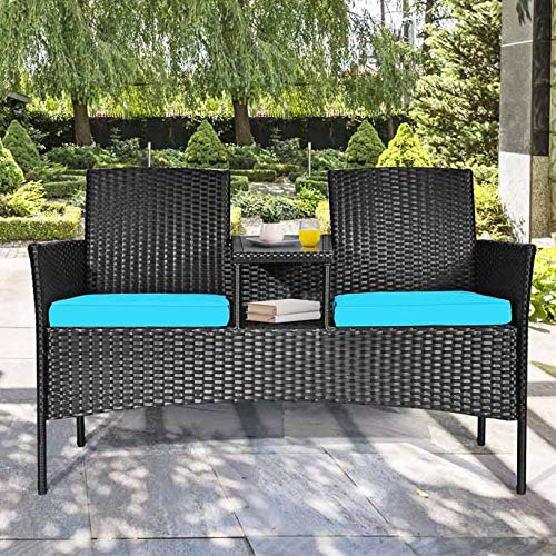 LDAILY Patio Conversation Set, Modern Rattan Loveseat, Outdoor Furniture Set with Removable Cushions & Table, Patio Wicker Sofa Set, Tempered Glass Top, Ideal for Garden Lawn Backyard